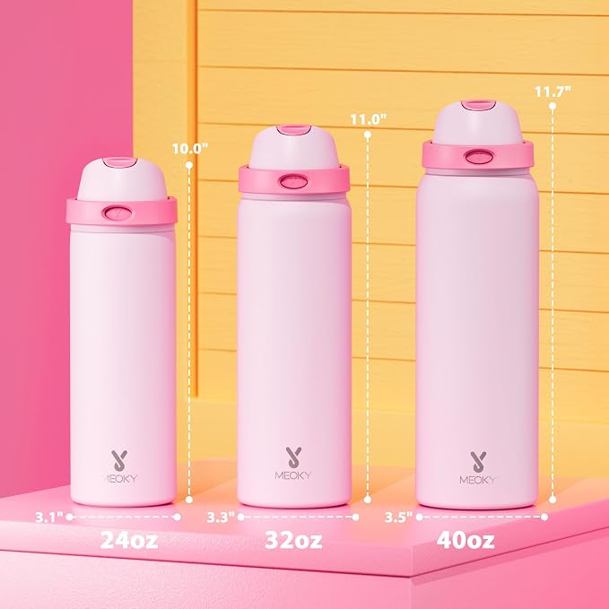 40 oz Insulated Water Bottle for Sports: Meoky Stainless Steel Water Bottle with 2-in-1 Straw and Spout Lid - Leak Proof, Cold for 24 Hours, Protective Silicone Base, BPA-Free for Women Gym, Blush