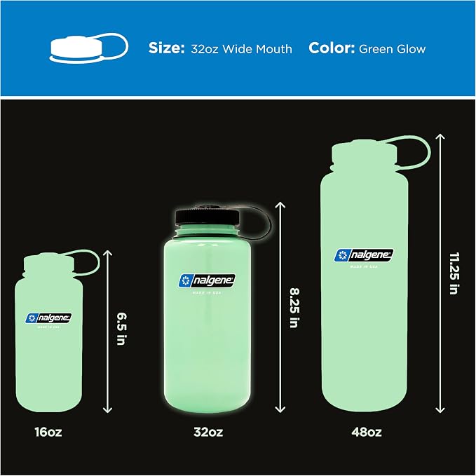 Nalgene 32 oz Wide Mouth Water Bottle, Glow Green | BPA-Free, Durable & Lightweight, Leak Proof, Dishwasher Safe, Large Reusable Plastic Bottle for Hiking, Gym, Work & Travel