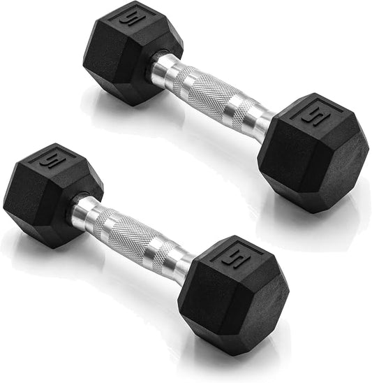 CAP Rubber Coated Dumbbell Weights, Free Weights for Home Gym Strength Training, Anti-Roll Hex Dumbbells with Black, Chrome & Comfort Grip Handles, Pairs & Sets