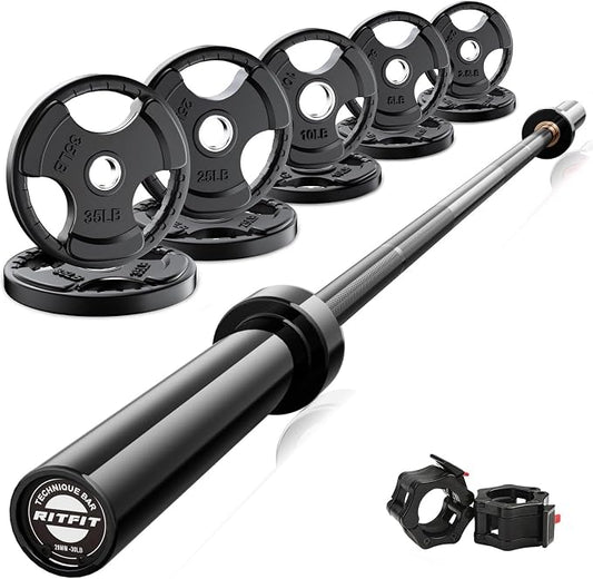 RitFit Barbell Weight Set - 4/6FT Olympic Barbell with Weight Plates (55-115LB Total) - Weightlifting Equipment for Squats, Curls, Deadlifts, Presses, Hip Thrusts
