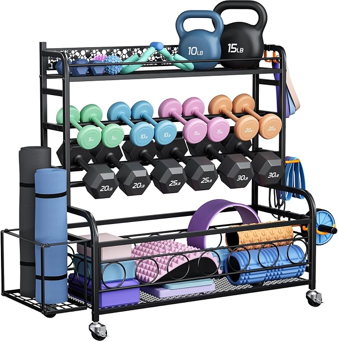 VOPEAK 3-Tier Dumbbell Rack with Wheels, Weight Rack for Home Gym Storage | Stores dumbbells, kettlebells & yoga mats. Lockable wheels for mobility. Sturdy steel frame, easy 15-min assembly