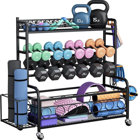 VOPEAK 3-Tier Dumbbell Rack with Wheels, Weight Rack for Home Gym Storage | Stores dumbbells, kettlebells & yoga mats. Lockable wheels for mobility. Sturdy steel frame, easy 15-min assembly