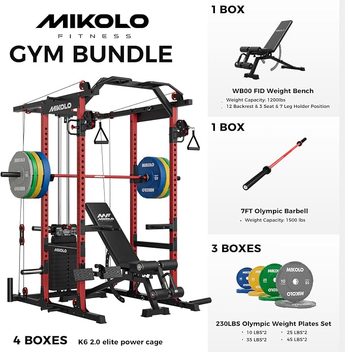 Mikolo K6 2.0 Power Cage, Power Rack with Cable Crossover System, 2000LBS Squat Rack with LAT Pull Down System, Functional Trainer with Aluminum Pulley System for Home Gym