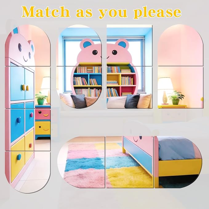 8-Piece Set of Acrylic Wall Mounted Mirrors,14‘’×14‘’inch self-Adhesive Frameless Square Combined with Curved Makeup Lenses, Flexible Plastic Lenses for bedrooms, Home use, Gym Doors
