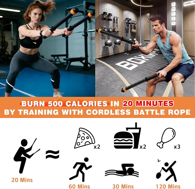 Ropeless Battle Ropes, Portable Cordless Battle Ropes with Sliding Weight Rings for Customizable Intensity, Home Training Kit with Storage Bag, Spring Stick for HIIT Strength & Muscle Training