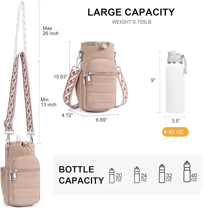 Water Bottle Bag 40 oz Crossbody Holder for Walking Hiking Insulated Carrier Purse with Adjustable Strap
