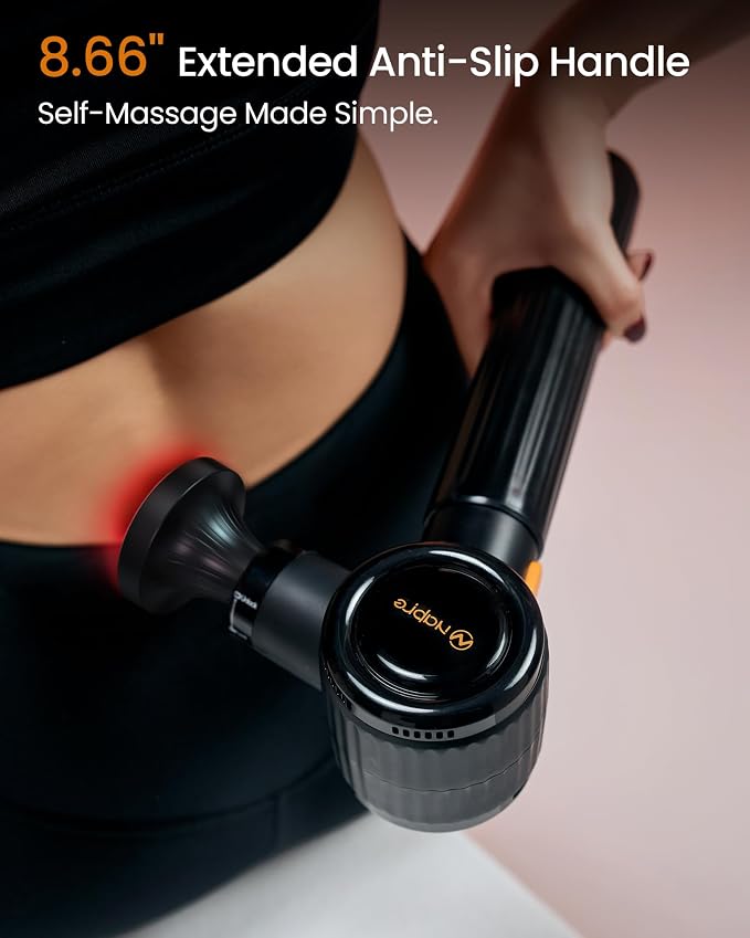 NAPRE Massage Gun with Heat,Massage Gun Deep Tissue with Extension Handle | Handheld Percussion Muscle Massager for Back Neck Pain Relief,3 Adjustable Angles,5 Speeds,6 Heads,Case,Black