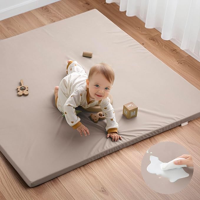 Blissful Diary Vegan Leather Baby Play Mat, 50''x50'', Taupe | thick cushion, safe and soft fabric, waterproof and wip clean, indoor use, non-slip bottom, stylish mordern decor
