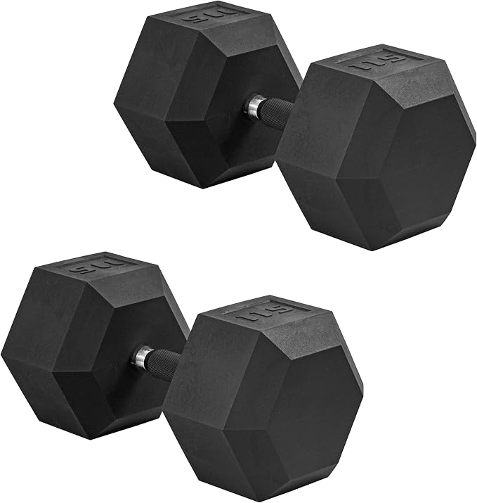 CAP Rubber Coated Dumbbell Weights, Free Weights for Home Gym Strength Training, Anti-Roll Hex Dumbbells with Black, Chrome & Comfort Grip Handles, Pairs & Sets