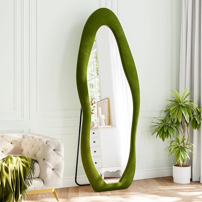 Full Length Mirror, 63"x24" Flannel Full Body Mirrors | Velvet Floor Mirrors with Stand, Irregular Wavy Mirror Hanging or Leaning Against Wall for Bedroom Living Room, Green