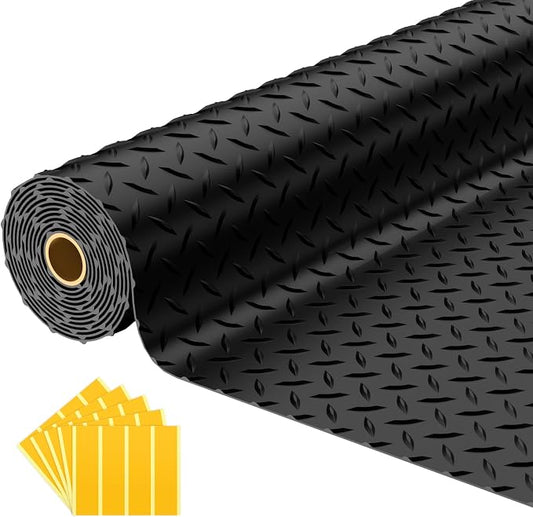 7.5x20 FT Garage Floor Mat, 2.8mm Thickened Diamond Plate | PVC Flooring Roll for Under Car/Garage/Warehouse/Basement/Gyms/Trailer, 150 SQFT Garage Mat, Tapes Included, Black