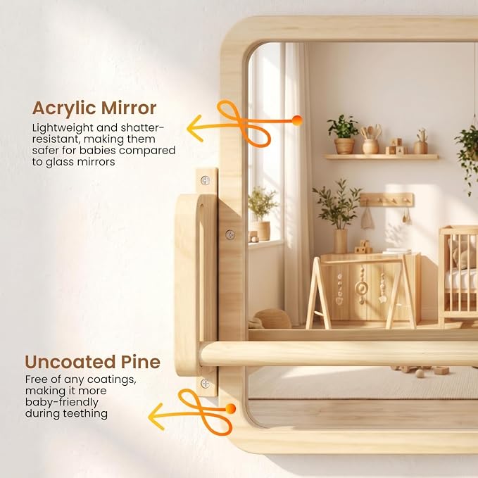 Woodtoe 3-in-1 Montessori Mirror with Bar, Adjustable Tummy Time Mirror 6M+ | Toddler Mirror & Pull Up Bar, Montessori Learning Toy for Baby 6-18 Months, Nursery Mirrors, Natural Wood Kids Furniture