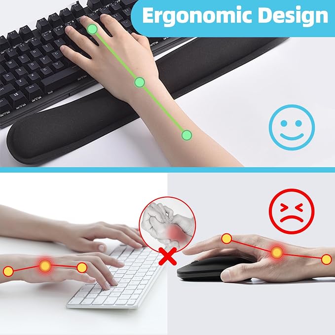 MXCOIRTP Keyboard Wrist Rest Pad, Ergonomic Memory Foam Set Wrist Cushion Support for Easy Typing & Pain Relief, Mouse Wrist Pad, Anti-Slip Wrist Support for Gaming, Computer, Laptop, Office -Black