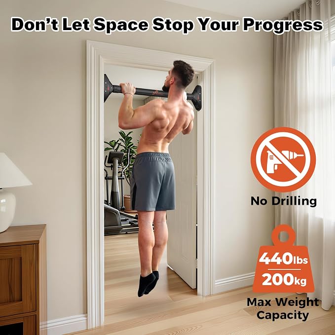 Sportneer Pull Up Bar for Doorway, No-Drill, 29.5-37 in, 440 lb | No-Drill, Adjustable 29.5-37 in, 440 lb, Doorway Fit, Secure Lock, Home Gym, Strength Training