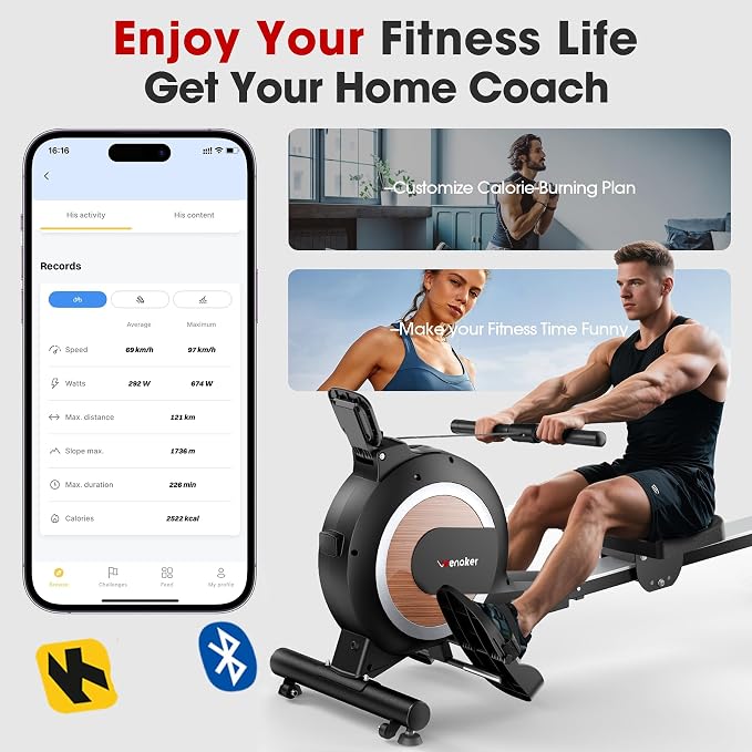Wenoker Rowing Machine for Home, Magnetic Rower Machine, 350 LB Weight Capacity, 16-Level Silent Resistance Row Machine for Gym Exercise