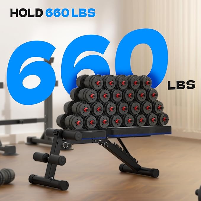 FitinOne Adjustable Folding Weight Bench for Home Gym, 660 lbs Capacity Multi-Functional Workout Bench Sturdy Durable for Full Body