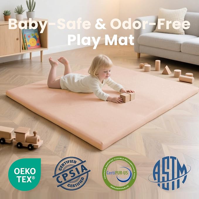 Huloo Sleep Baby Play Mat 50x50 Inches, 1.3" Thick Padded Waterproof Floor Cushion & Playpen Mat with Vegan Leather, Non-Slip & Non-Toxic Nursery Rug for Infants, Toddlers & Kids(Pink)