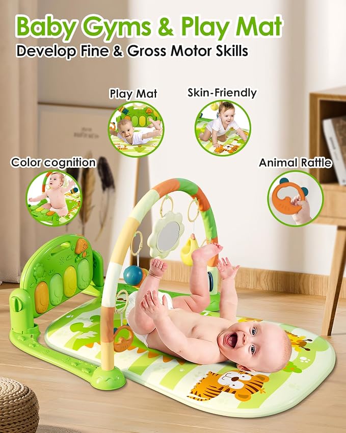 dearlomum Green Dinosaur Theme Baby Play Mat Gym with Kick & Play Piano | Tummy Time Activity Mat with 5 Infant Sensory Toys, Music and Lights, Boy & Girl Gifts for Newborns 0 to 3 6 9 12 Months