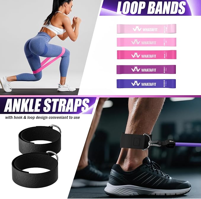WHATAFIT Resistance Bands with Handles, 5-Level Exercise Bands for Workout | Natural latex,10-50 lbs, stackable to 150,Ankle Straps, Door Anchor,Guide. For Strength, Yoga,Home Gym,Travel & Workout.