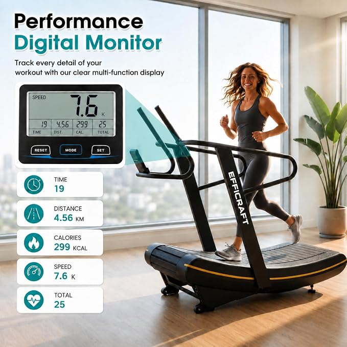 Curved Manual Treadmill, Non Electric Treadmill with 8 Resistance Levels | Self-powered curved treadmill with 8 resistance levels, LED display, rubber belt, phone holder, and transport wheels.
