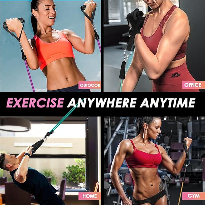 WHATAFIT Resistance Bands with Handles, 5-Level Exercise Bands for Workout | Natural latex,10-50 lbs, stackable to 150,Ankle Straps, Door Anchor,Guide. For Strength, Yoga,Home Gym,Travel & Workout.