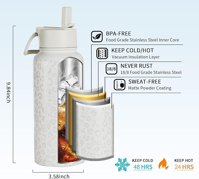KXIAOCHEN Insulated Water Bottle with Strap, 48-Hour Cold, 2 Lids | Triple-wall insulation, lead-free 18/8 Stainless steel, paracord handle, carabiner clip, for gym, hiking, camping and travel