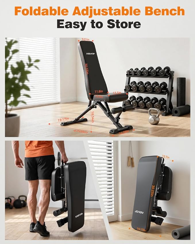AIRHOP Foldable Workout Bench, 90° to -30° FID Weight Bench for Home Gym | Backrest, Seat, Leg Bar Adjustable, MAX 1000 LBS, 8-Pos Backrest, 3-Pos Seat, 4-Level Leg Support, 19.4" Extended Base Stable