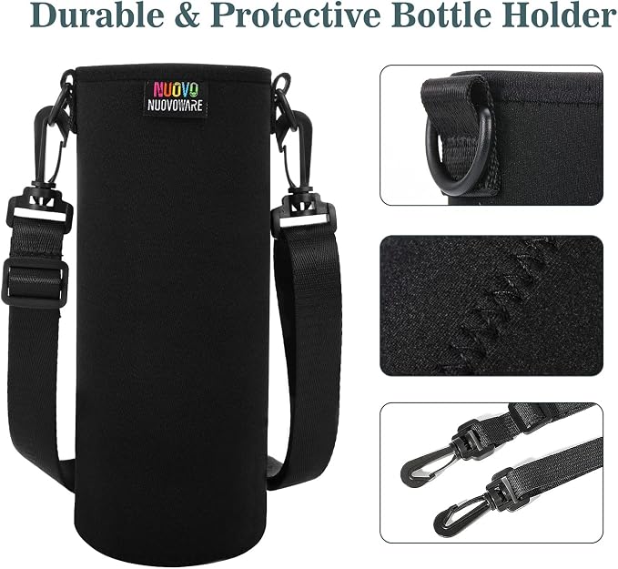 Nuovoware Water Bottle Carrier, 1000ML, Black | Portable Insulated Neoprene Sleeve, Adjustable Shoulder Strap, Fit Stainless Steel, Plastic Bottles, Small Size