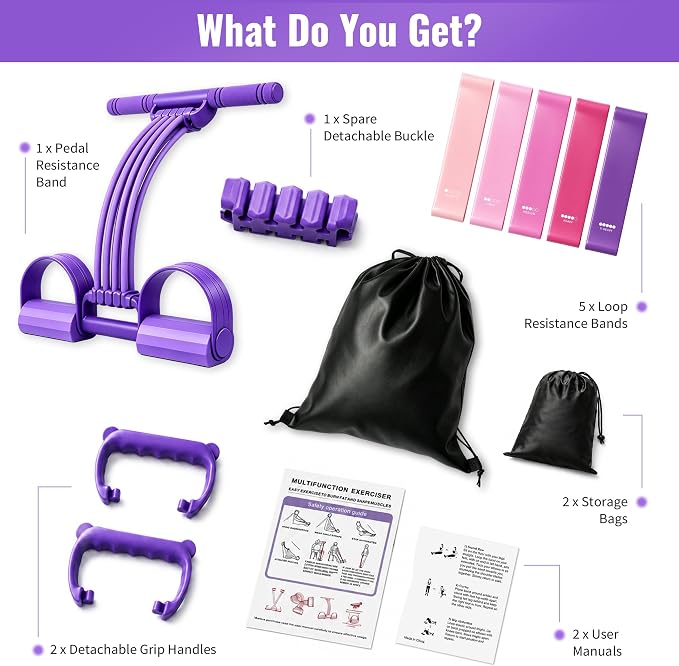 3-in-1 Adjustable Pedal Resistance Band Set with 5 Pcs 5-Level Loop Bands | 8-Tube Multifunctional Exercise Bands with Handles, Home Workout Equipment for Full Body, Glutes, Legs, and Stretching