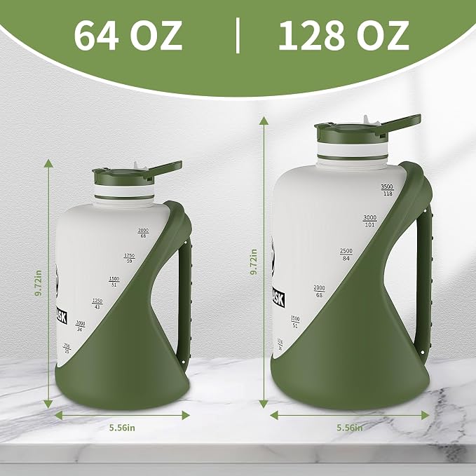 Dishwasher Safe 1 Gallon Water Bottle, Heat Resistant Large Water Jug with 2-in-1 Flip Straw & Spout Lid, Heavy Duty Impact Resistant Gym Bottle with Separated Grip Handle