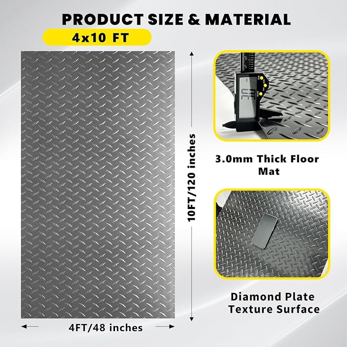 4x10 FT Garage Floor Mat, 2.8mm Thickened (Gray) | Diamond Plate PVC Rubber Flooring Roll Covering Non-Slip Floor Protector for Under Car Parking/Garage/Warehouse/Gyms/Trailer