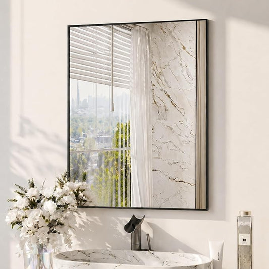 30" x 36" Matte Black Bathroom Mirror, 36x30 Metal Framed Wall Decor, Large Rectangular Accent Mirror for Mantel & Vanity, Minimalist Design