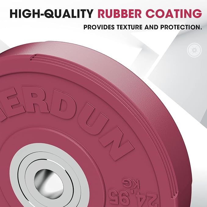 FEIERDUN Color Bumper Plate Set, 2-Inch Olympic Weight Plates, Low Bounce Rubber Barbell Plates with Stainless Steel Insert for Weightlifting, Strength Training, CrossFit & Home Gym, 10LB-370LB