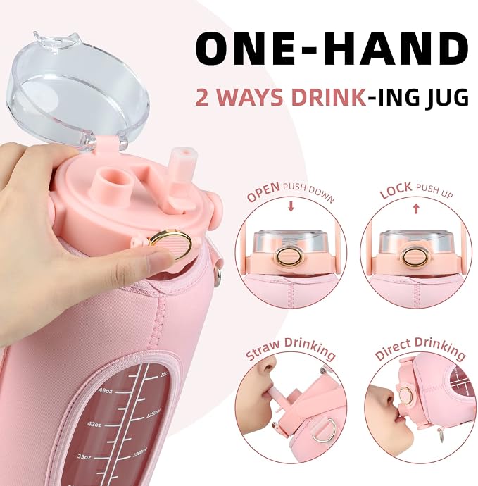chunmo Half Gallon 64oz Glass Water Bottle with Straw and Storage Sleeve Motivational Water Bottle with Strap and Time to Drink 2L Leakproof Reusable Water Jug for Fitness Gym and Outdoors