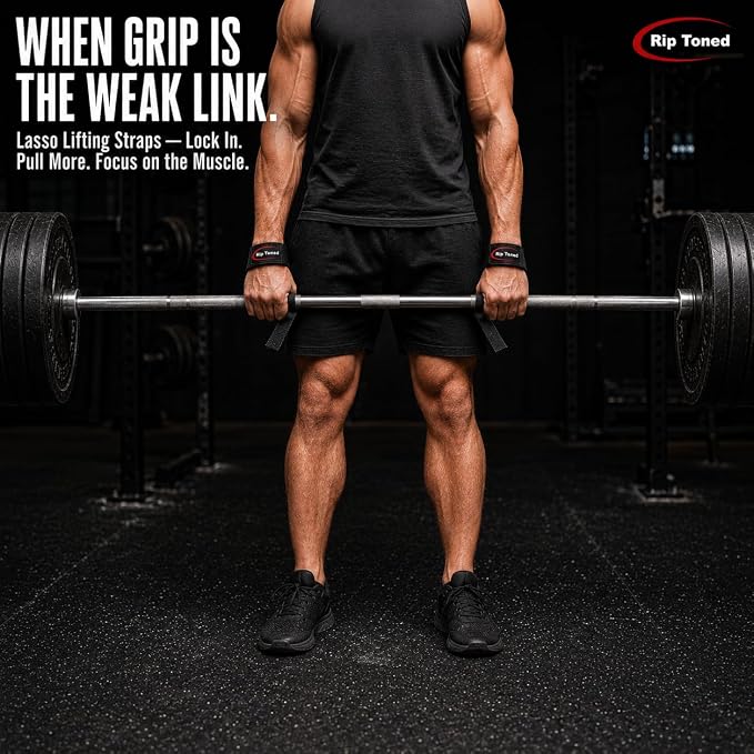 Rip Toned Lasso Lifting Straps for Weightlifting, 23¼" Padded | 1 Pair, cotton, non-latex neoprene. No break-in. Quick release. Deadlifts, rows, shrugs, pull-ups. Machine washable.