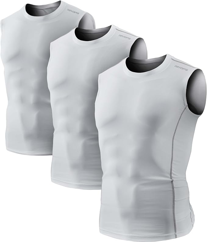 DEVOPS 3 Pack Men's Compression Shirts Sleeveless Tank Top Baselayer | Gym Training, Running, Moisture Wicking, Compression Fit, 4-Way Stretch, UPF 50+, Sleeveless