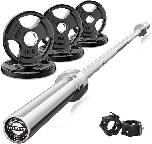 RitFit Barbell Weight Set - 4/6FT Olympic Barbell with Weight Plates (55-115LB Total) - Weightlifting Equipment for Squats, Curls, Deadlifts, Presses, Hip Thrusts