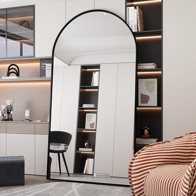 LFT HUIMEI2Y 76.4"x37" Arch Full Length Mirror, Black Floor Mirror | Tempered Oversized Mirror Full Body with Aluminum Alloy Frame; Standing, Leaning, or Wall Mount for Bedroom, Living Room