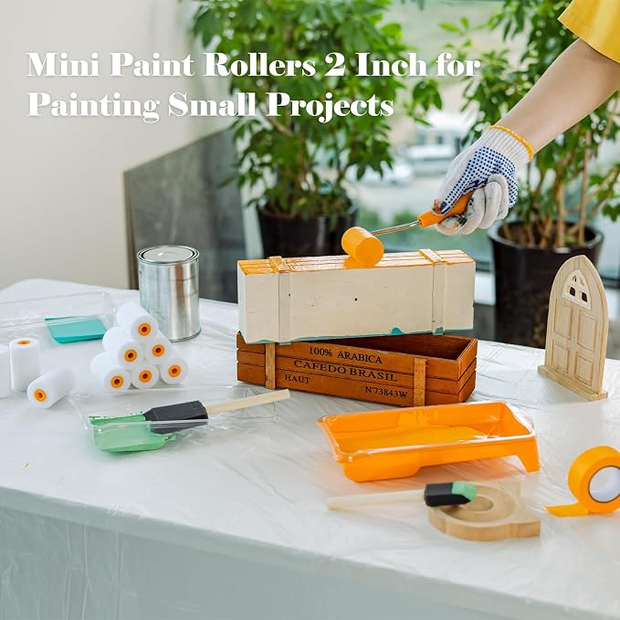 Mister Rui Mini Foam Paint Roller Kit, 2 Inch Paint Tray with Liner 20 Pack | Small Paint Rollers with Tray Disposable liners, Foam Roller Paint Brushes, Tape, Drop Cloth for Painting, Trim, Touch-ups