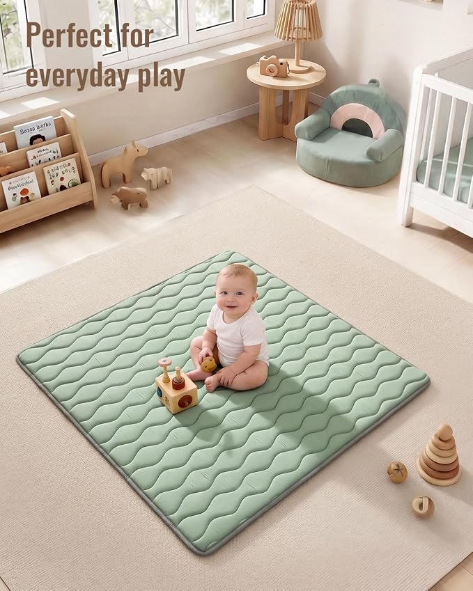 Blissful Diary Portable Baby Play Mats for Floor, 43" X 43" Thicker Cushioned Foldable Baby Crawling Mat for Indoor Outdoor, Non-Slip & Washable Kids Playmat for Tummy Time Activity, Sage Green