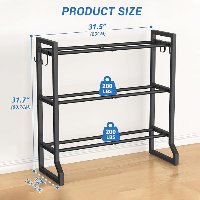 3 Tier Dumbbell Rack, 400LB Weight Rack with 4 Hooks for Home Gym | 1.18"-5.9" Adjustable Width, Anti-Slip Base, 0.04" Thick Tube, Rotatable Leveling Feet, Holds Dumbbells, Yoga Balls