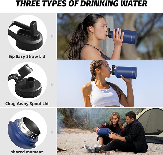 64oz Insulated Water Bottle (Cold for 48 Hrs),BPA Free&Leak Proof,Half Gallon Stainless Steel Water Flask,Water Jug with Straw Spout Lids for Gym,Hiking,Camping,Deep Blue