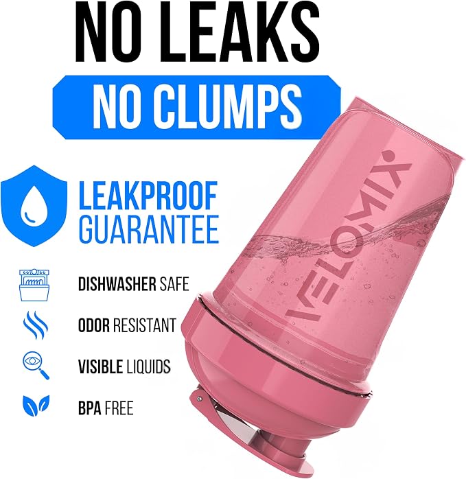 VELOMIX 2 Pack 20oz Protein Shaker Bottle for Protein Mixes, Pink/Turquoise | 2x Wire Whisk, Leak Proof Shaker Cups for Protein Shakes, Stackable, Dishwasher safe, BPA free, Pre Workout and Gym ready