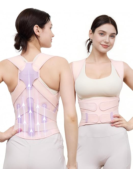 Posture Corrector for Women and Men, Full Back Support Brace, Adjustable Shoulder Straightener, Improving Posture, Relief Upper and Lower Back, Neck Pain, Pink, Small