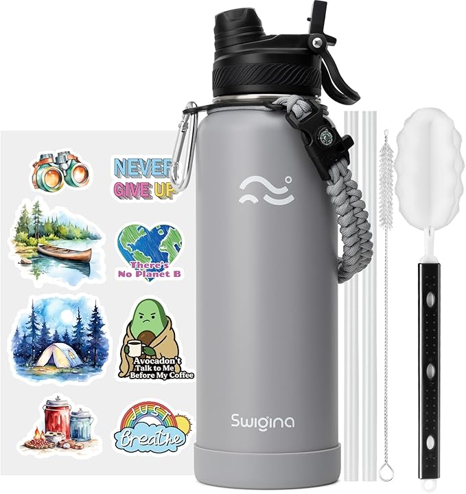 Swigina [2-IN-1 LID] Insulated Water Bottle with Silicone Boot (36hrs Cold/18hrs Hot) - DIY Stickers, Leakproof, BPA Free, 40 oz