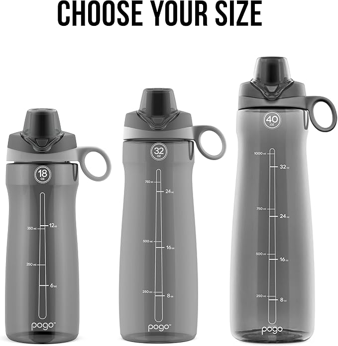 Pogo BPA-Free Tritan Plastic Water Bottle with Chug Lid, 40 Oz, Grey | Leakproof water bottle with chug lid and carry handle. BPA-free, great for travel, school, outdoors, and gym.