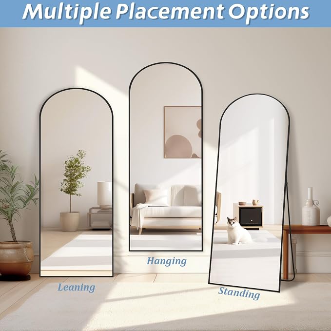 MirrMuse 56"x18" Arched Full Length Mirror, Black Floor Mirror with Stand | Hanging or Leaning Against Wall, Tempered Glass, Full Body, for Bedroom Living Room, Aluminum Alloy Frame