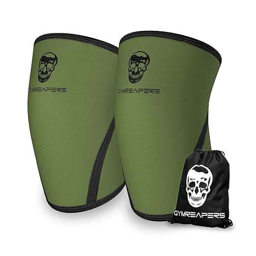 Gymreapers Knee Sleeves (Pair w/Bag) - Knee Compression Sleeve Support Squats, Weightlifting Powerlifting 7MM Neoprene Sleeves - 1 Year Warranty (Military Green/Black, Medium)