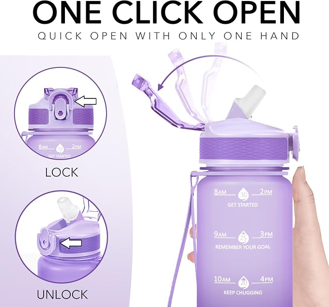 Hyeta Plastic Water Bottle With Straw & Time Marker, 32oz Leakproof Jug | Motivational Tritan BPA Free Gym Office Outdoor Intake Tracker Hourly Reminder Straw Lid Lightweight