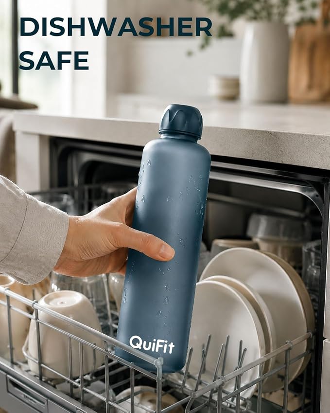 Slim Water Bottle 32 OZ with Stainless Steel Lid, Dishwasher Safe 1 Liter Plastic Water Bottle BPA-Free, Leakproof Lightweight with Time Marker, Reusable for Running School Sport Gym Travel Hiking